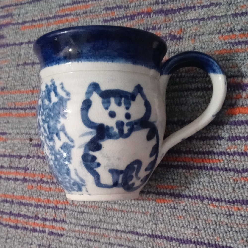 Blue and White Ceramic Cat Mug - Hand-Painted Design